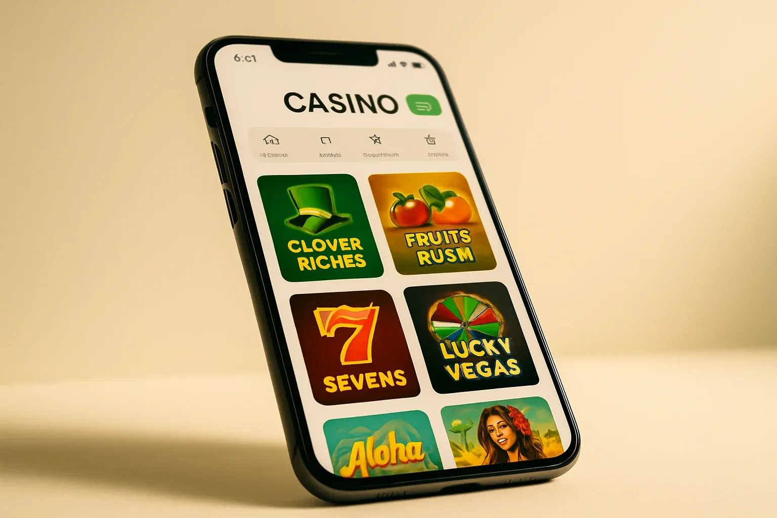 Smartphone displaying light casino app interface on cream background