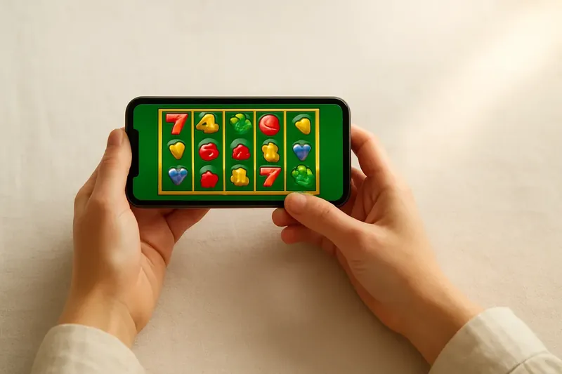Woman's hands holding smartphone with bright casino game grid on linen
