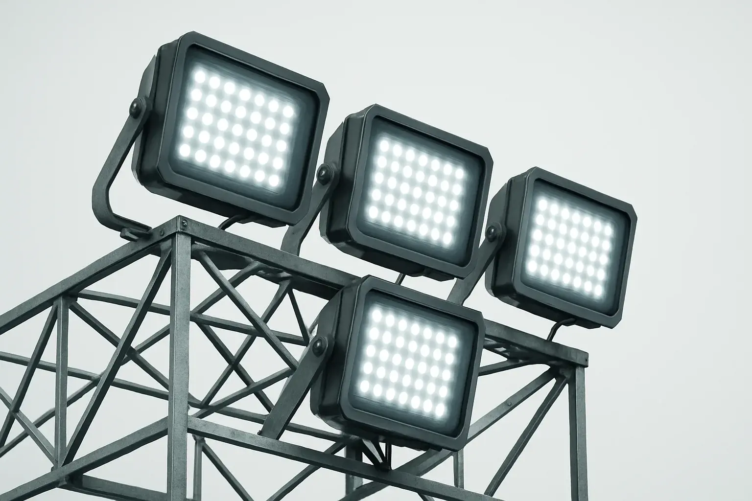 Looking up at four bright stadium floodlights against darkening blue sky