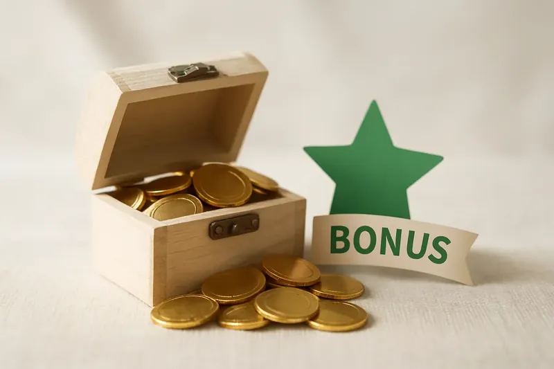 Small open treasure box spilling gold coins with star badge and bonus ribbon