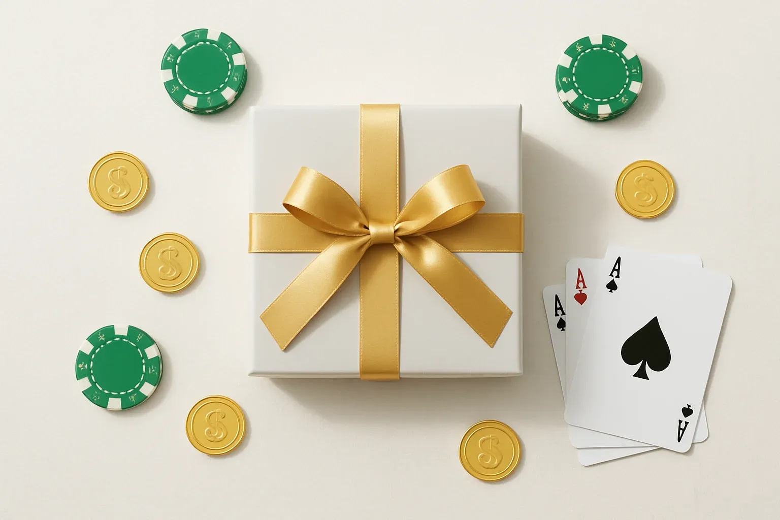 Premium gift box with casino chips, cards, and gold coins