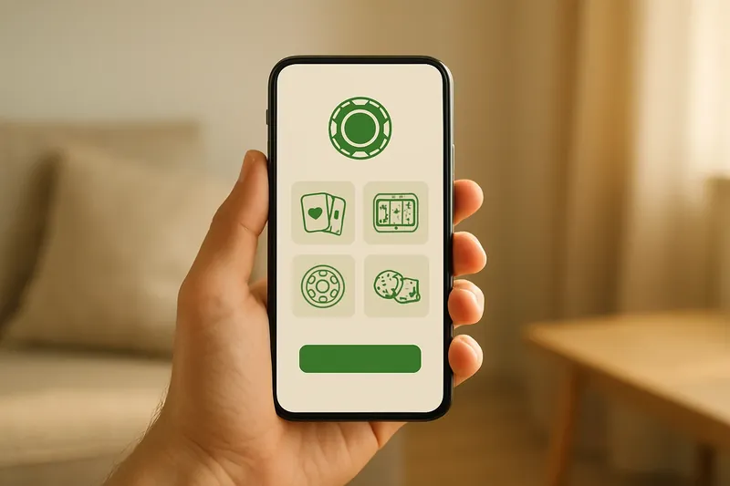 Hand holding smartphone with clean light-themed casino app interface