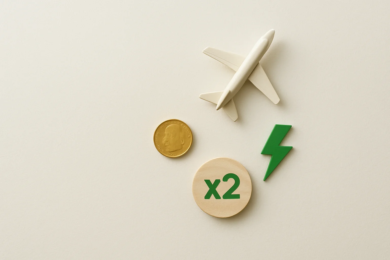 Overhead flat lay with airplane figurine, gold coin, lightning token, multiplier badge