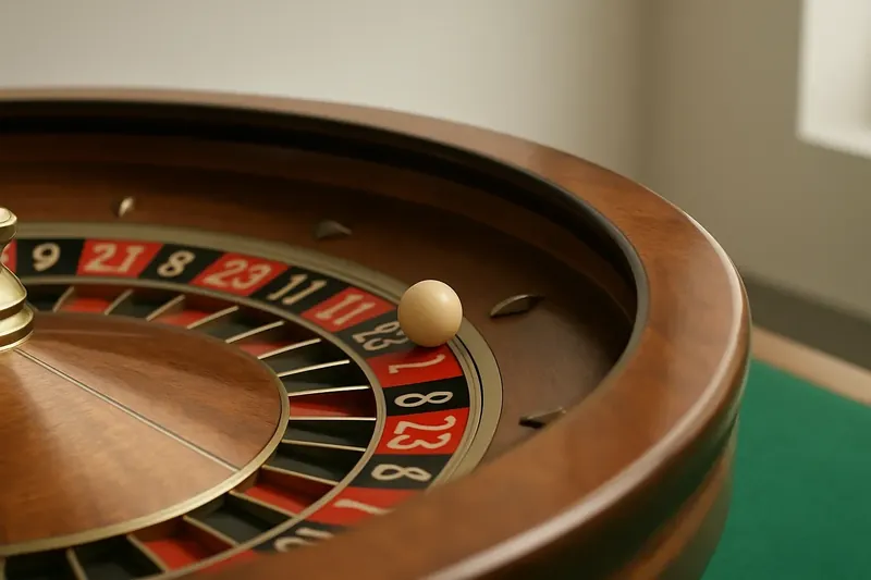 Roulette ball frozen mid-roll on wheel rim with blurred numbers