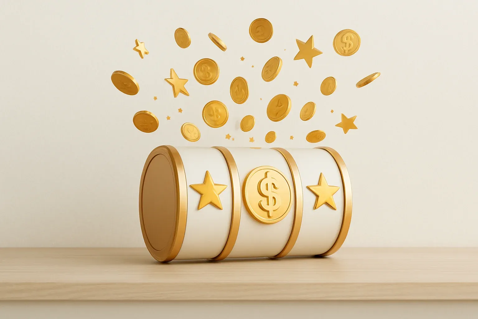 Luxury Slot Win Colorful slot machine reels with gold symbols, coins, and exploding stars